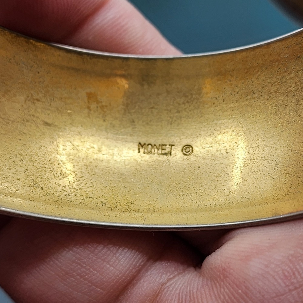 Monet Gold Tone Wide Open Cuff Bracelet Polished Statement Vintage Modernist - Picture 6 of 7